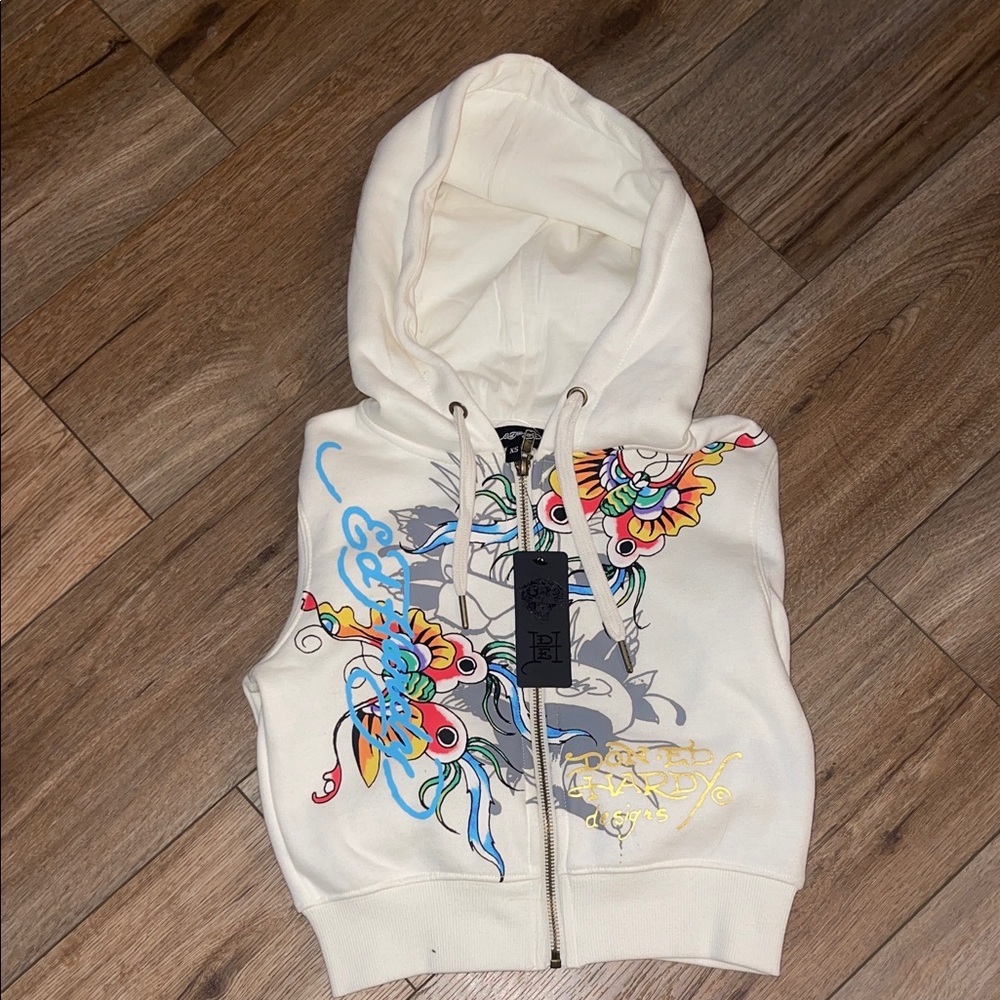 Ed Hardy Colorful Graphic Zip-Up Hoodie Vest
